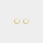 Side view of Oda Mini Hoops showing polished 18k gold plated sterling silver and hinged closures