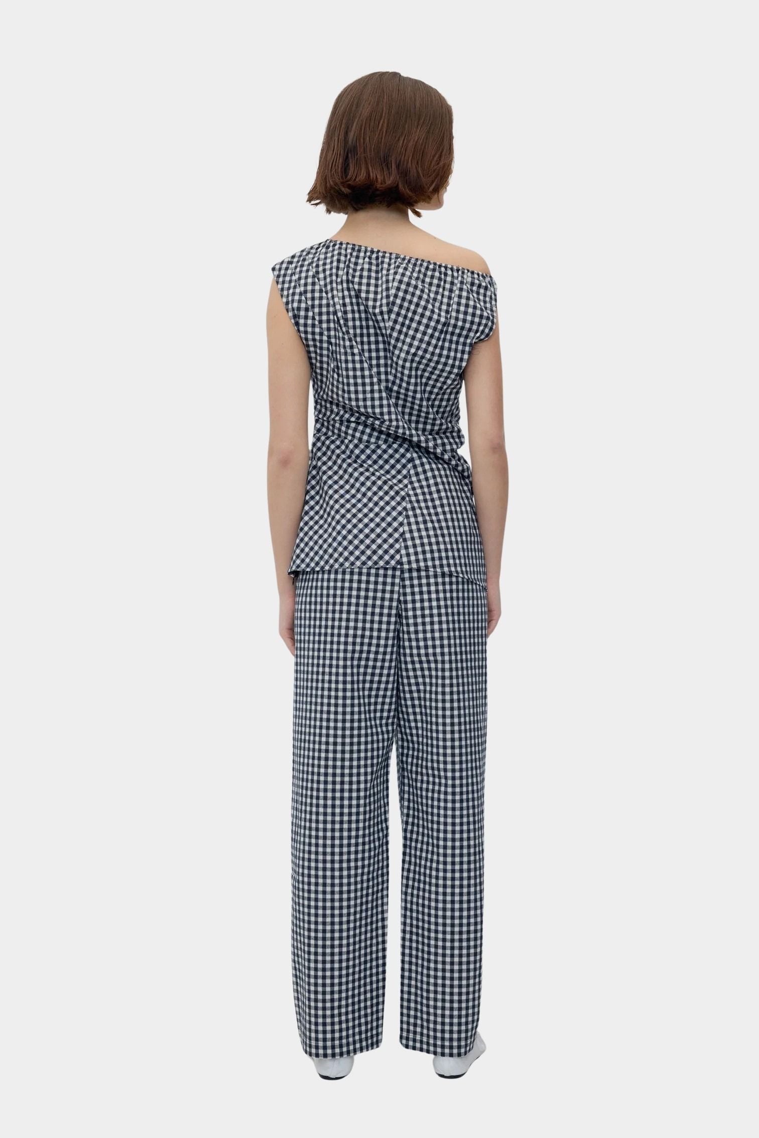 Rita Row Cep Pants black gingham cotton straight leg trousers with elastic waistband back view