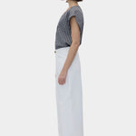 Black gingham cotton V neck top with cap sleeves, side profile view