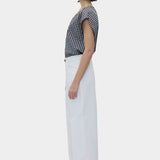 Black gingham cotton V neck top with cap sleeves, side profile view