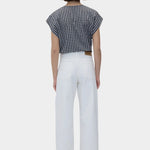 Black gingham cotton cap sleeve top with button front, back view