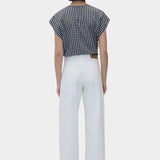 Black gingham cotton cap sleeve top with button front, back view