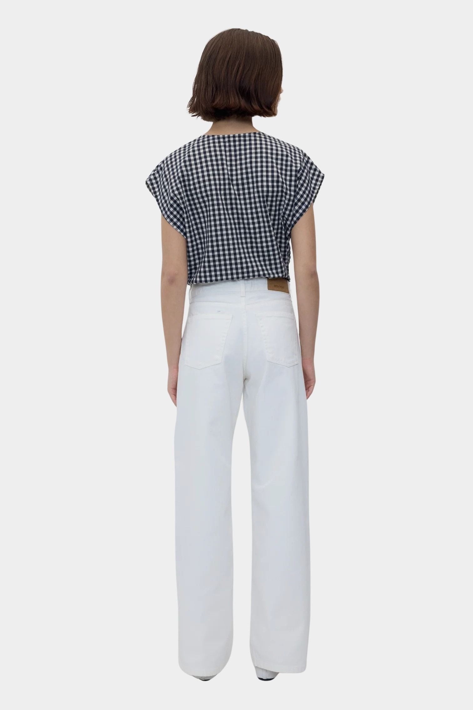 Black gingham cotton cap sleeve top with button front, back view