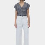 Rita Row Diana Top black gingham cotton V neck button top with cap sleeves styled with white wide leg pants full body view