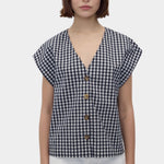 Rita Row Diana Top black gingham cotton button front top with V neckline and cap sleeves front view