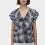 Rita Row Diana Top black gingham cotton button front top with V neckline and cap sleeves front view