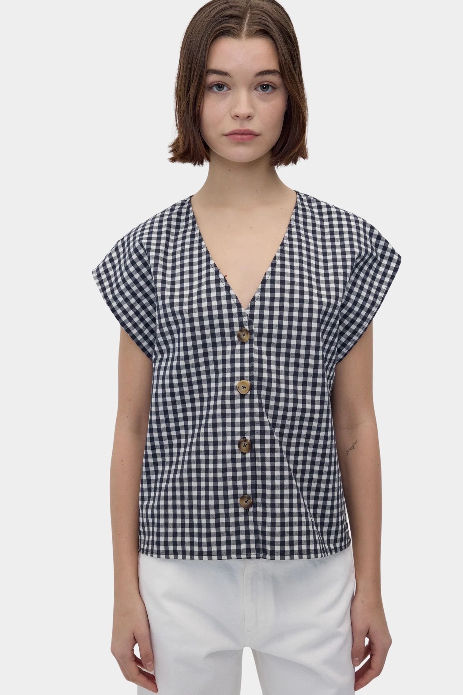 Rita Row Diana Top black gingham cotton button front top with V neckline and cap sleeves front view