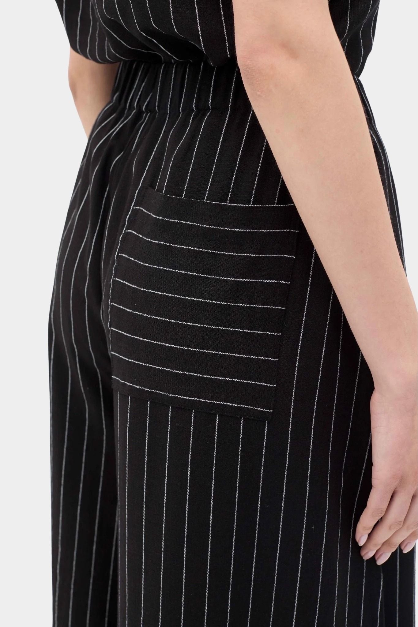 Rita Row Dolors pant in black pinstripe detail of back pocket and elastic waist