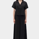 Rita Row Espill shirt in black pinstripe short sleeve button up styled with matching wide leg pants full look