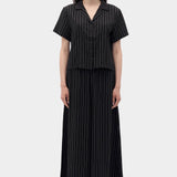 Rita Row Espill shirt in black pinstripe short sleeve button up styled with matching wide leg pants full look