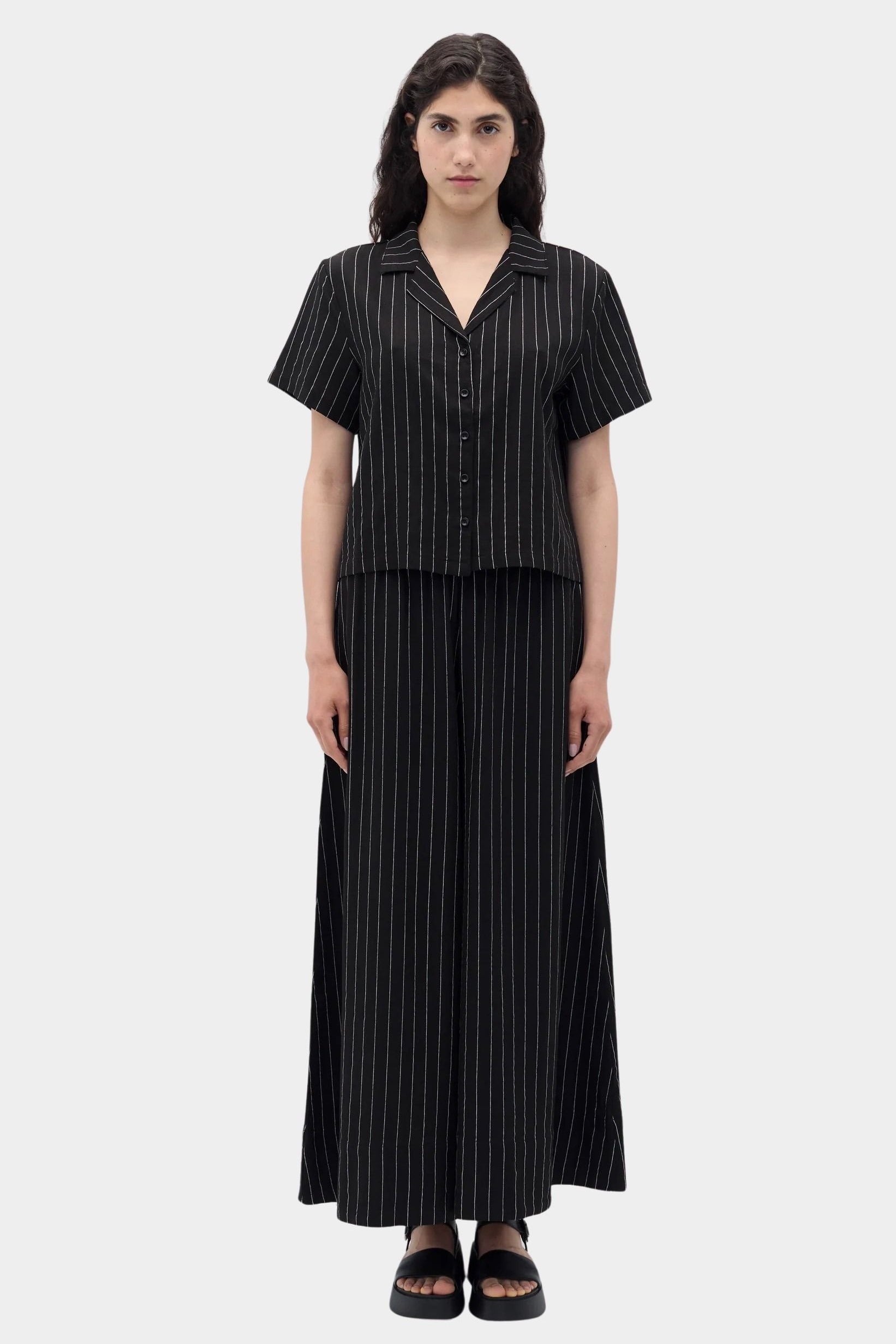 Rita Row Espill shirt in black pinstripe short sleeve button up styled with matching wide leg pants full look