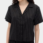 Rita Row Espill shirt in black pinstripe short sleeve button up shirt front detail with collar and buttons