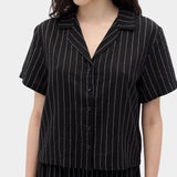 Rita Row Espill shirt in black pinstripe short sleeve button up shirt front detail with collar and buttons