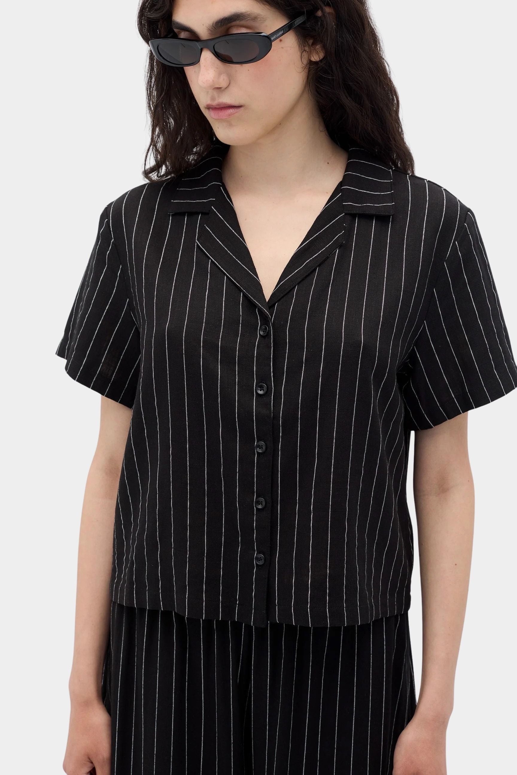 Rita Row Espill shirt in black pinstripe short sleeve button up shirt front detail with collar and buttons