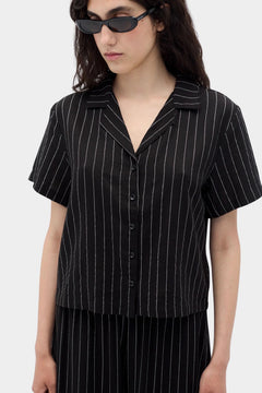 Rita Row Espill shirt in black pinstripe short sleeve button up shirt front detail with collar and buttons