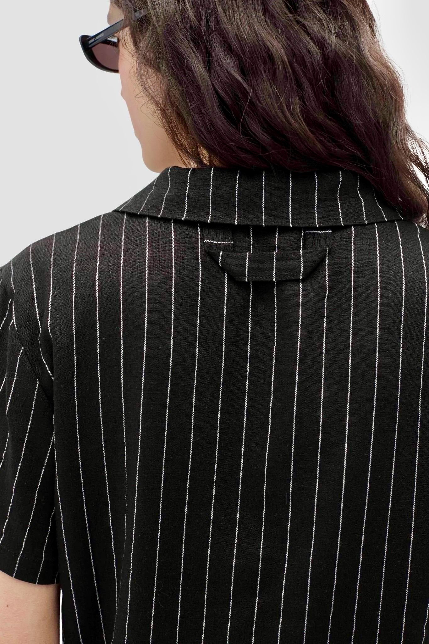 Rita Row Espill shirt in black with white pinstripe back view showing collar and yoke detail