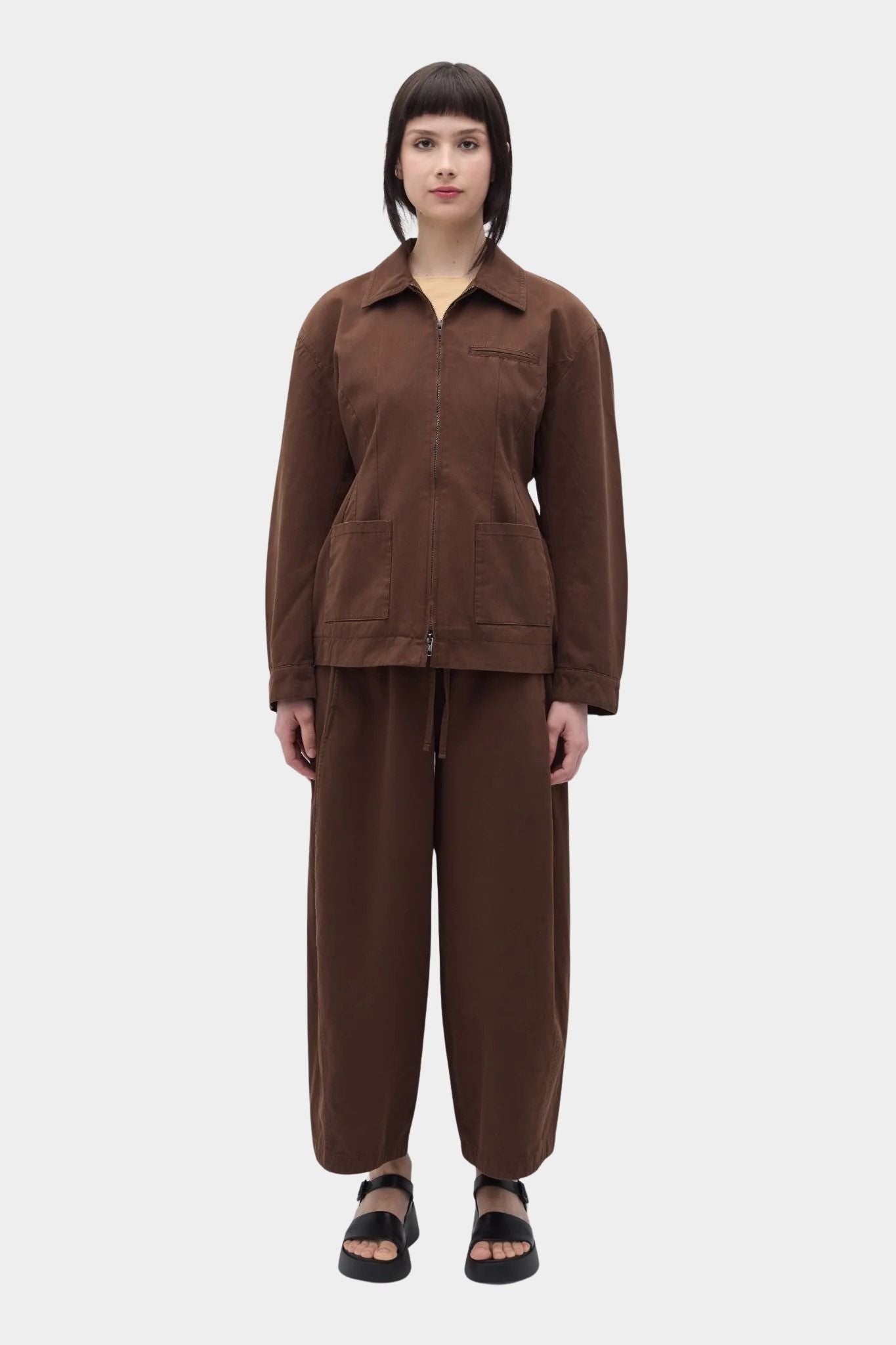 Rita Row Minos Jacket brown cotton zip jacket with collar and front pockets full front view