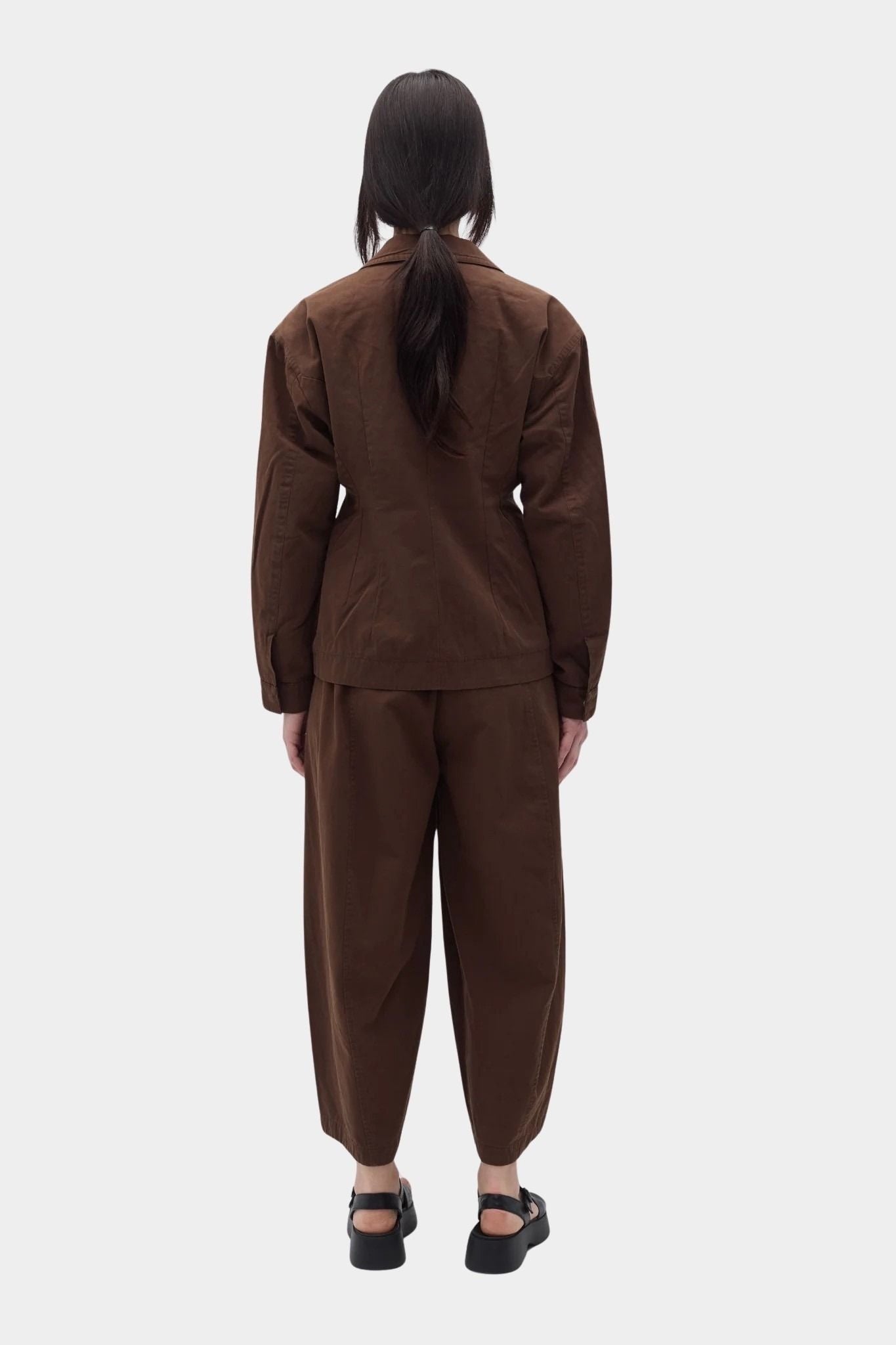 Rita Row Minos Jacket brown zip front jacket styled with matching pants back view