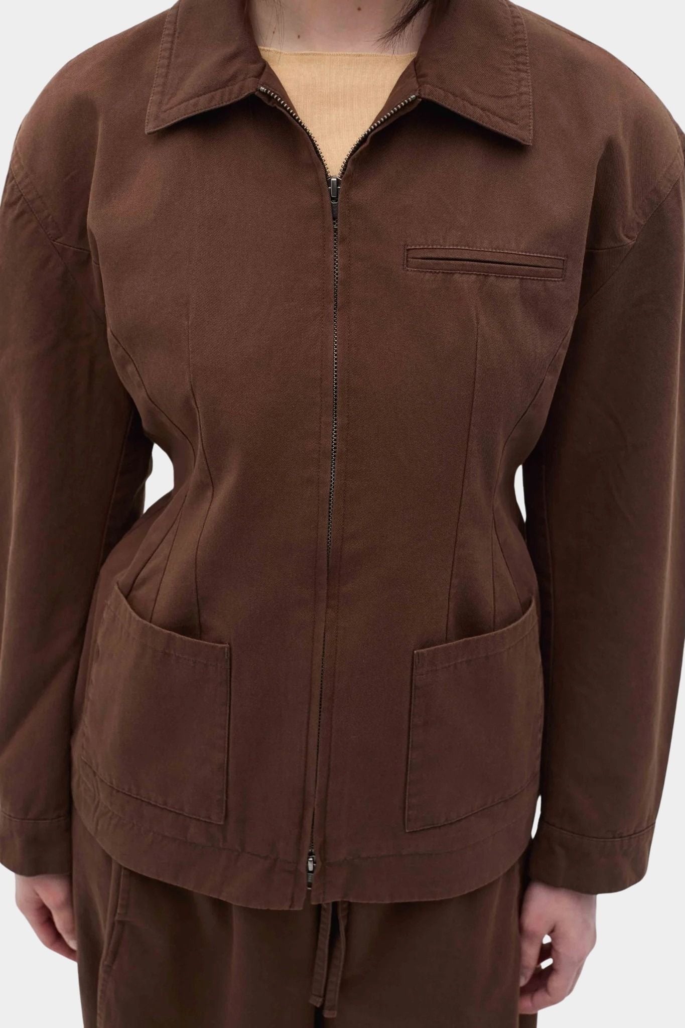 Rita Row Minos Jacket brown zip front jacket with chest pocket and front patch pockets detail view
