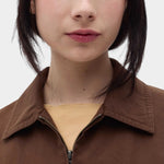 Rita Row Minos Jacket brown organic cotton zip front jacket with pointed collar close up view