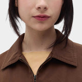 Rita Row Minos Jacket brown organic cotton zip front jacket with pointed collar close up view