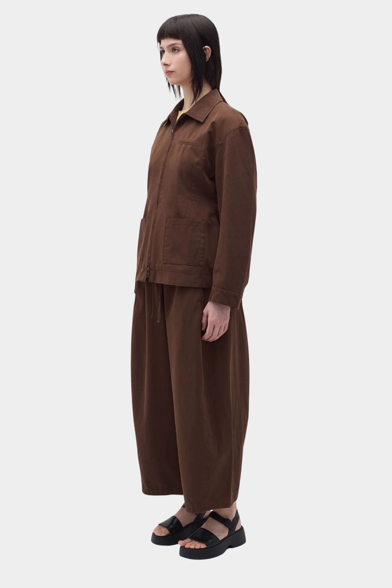 Rita Row Paradiso Pants brown barrel leg pants styled with matching jacket angled view