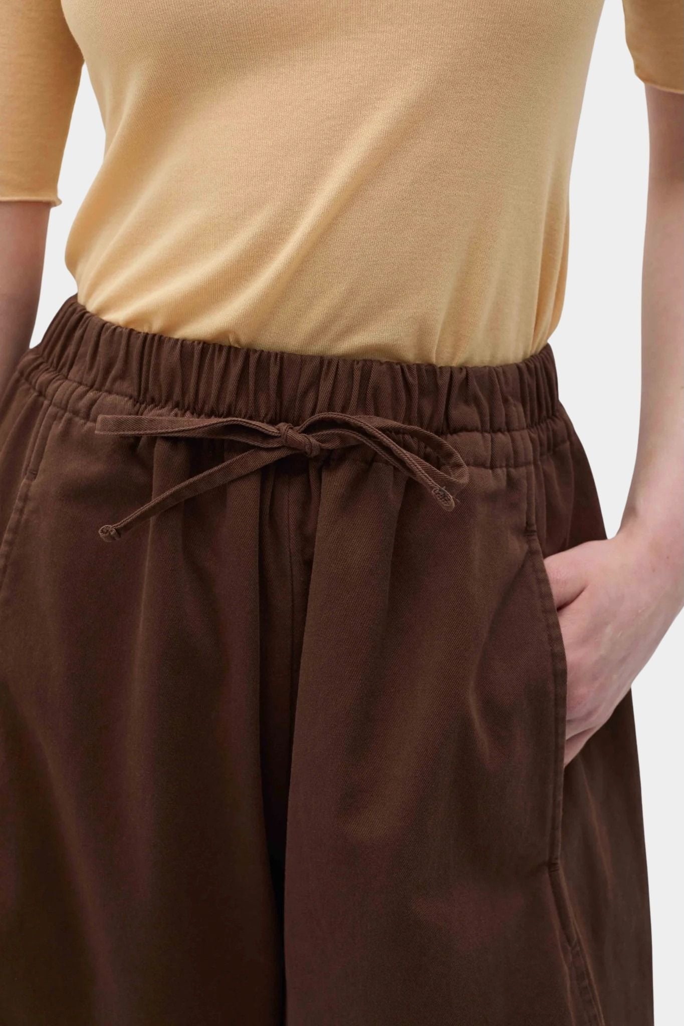 Rita Row Paradiso Pants brown elastic waist pants with drawstring detail close up