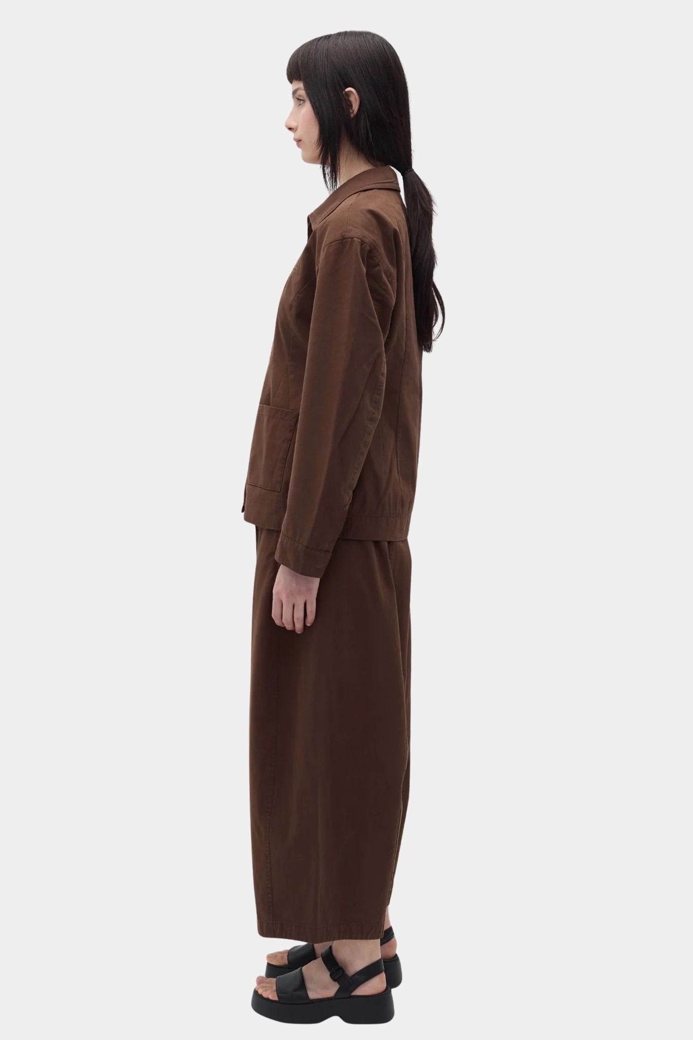 Rita Row Paradiso Pants brown barrel leg pants side profile view
