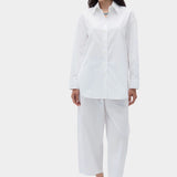 Rita Row Posets Shirt white poplin button up shirt styled with wide leg pants full body view