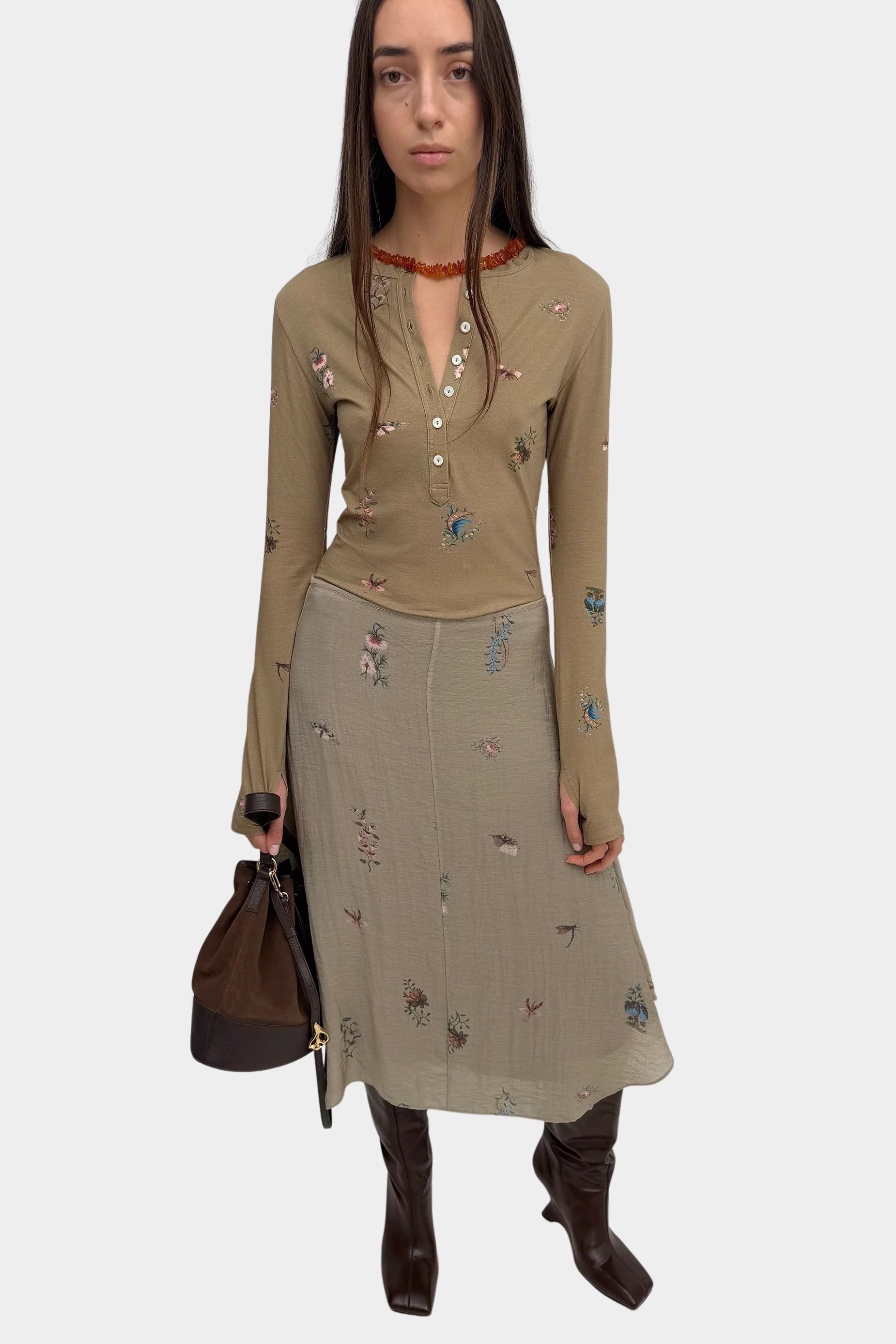 Rodebjer Kiara Henley top beige multi duchess floral print, full look with long sleeve fitted silhouette styled with matching midi skirt and boots