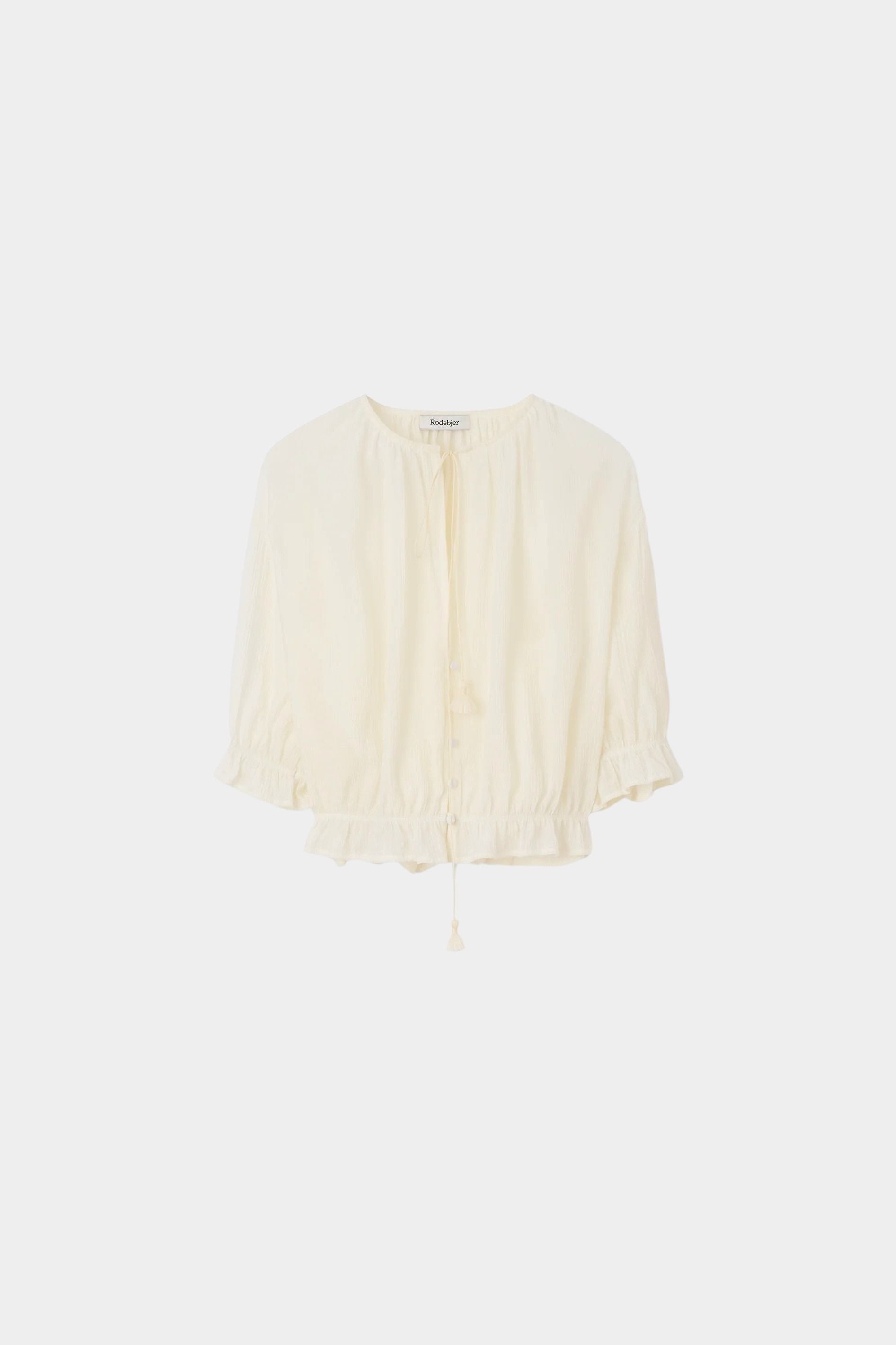 Rodebjer Perla Plissé blouse Gardenia Cream short sleeve button front blouse