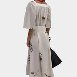 Rodebjer Salem square neck dress cream multi full length front minimal styling