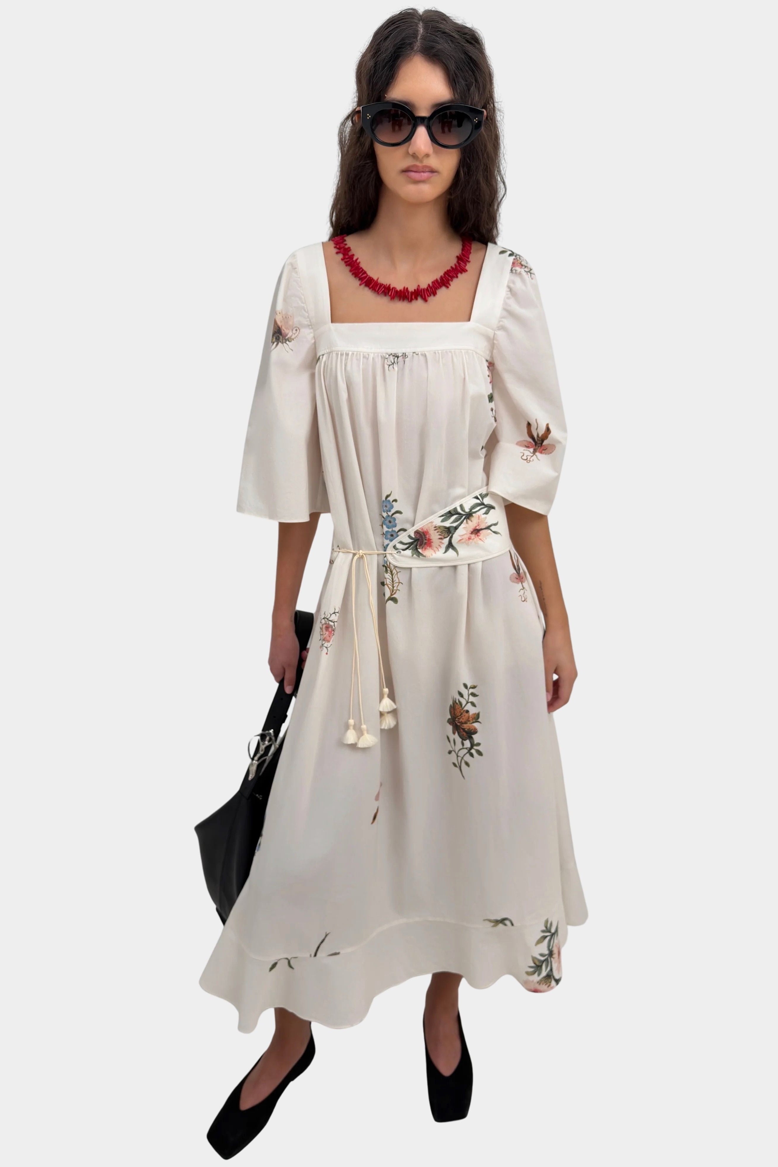 Rodebjer Salem square neck dress cream multi front view relaxed fit floral print