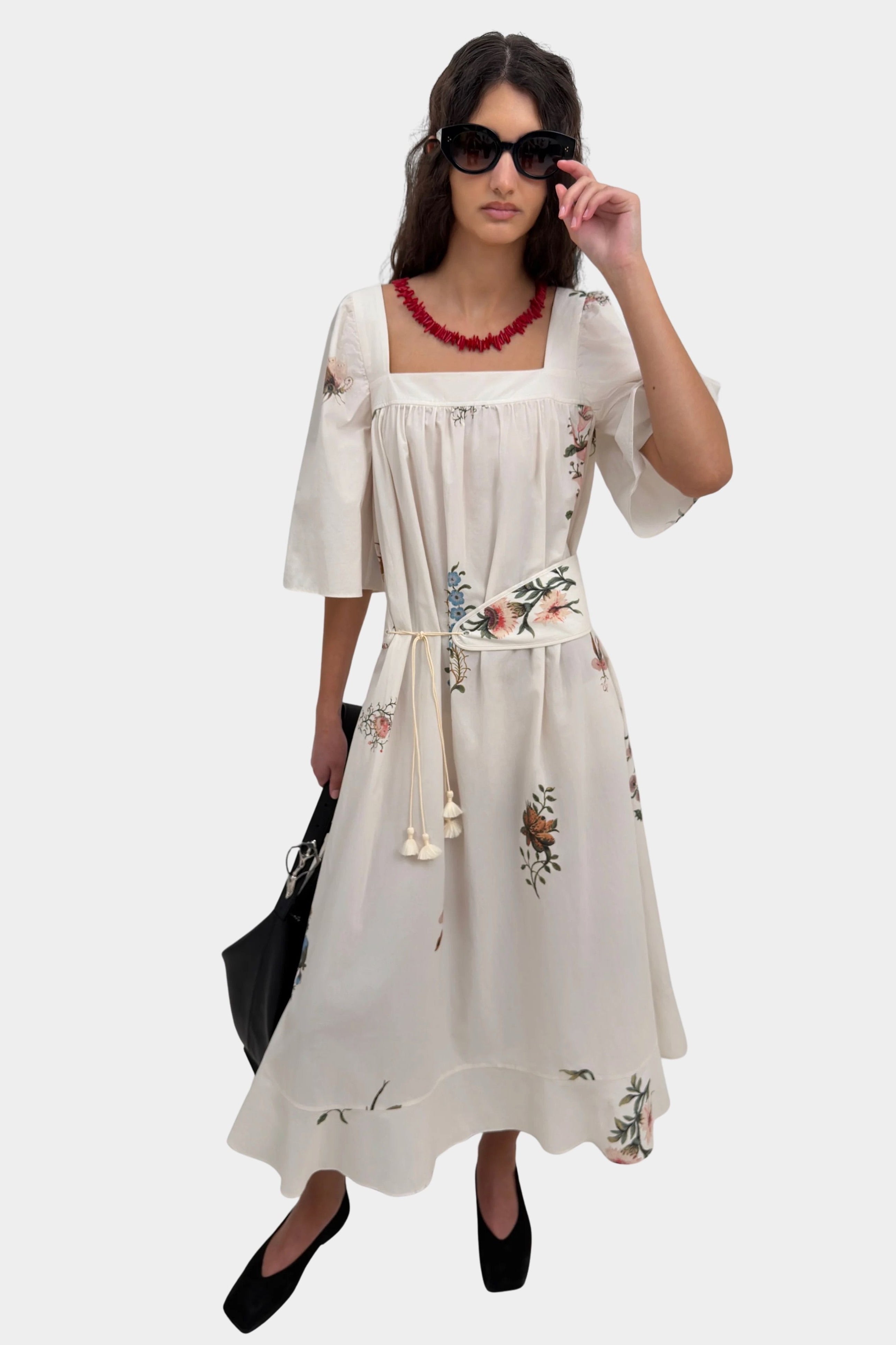 Rodebjer Salem square neck dress cream multi full length front with belt tassel detail