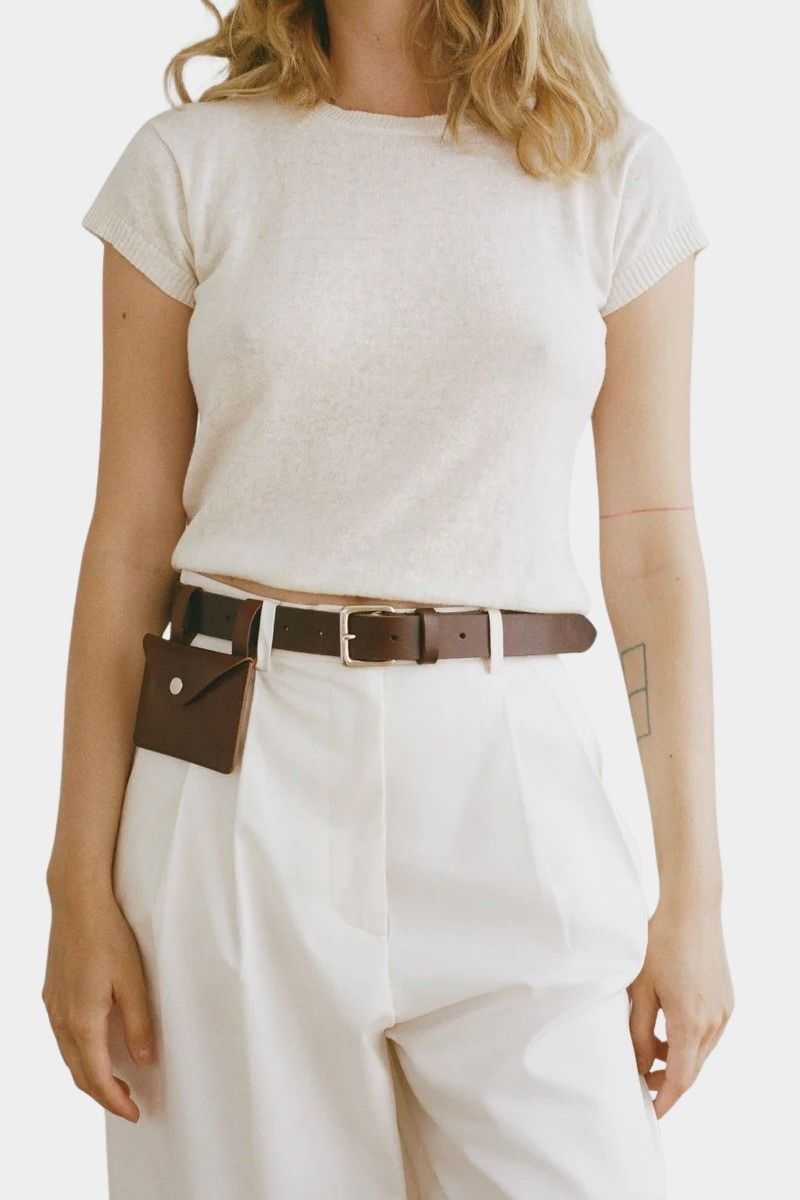 Shaina Mote Baby Tee Chalk close-up fitted tee with ribbed trim styled with ivory trousers and leather belt