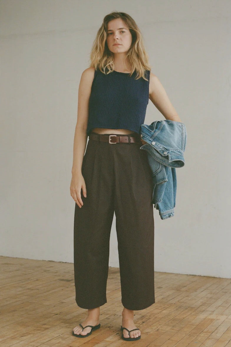 Shaina Mote Boy Trouser Chocolate full look wide leg cropped trouser styled with knit top