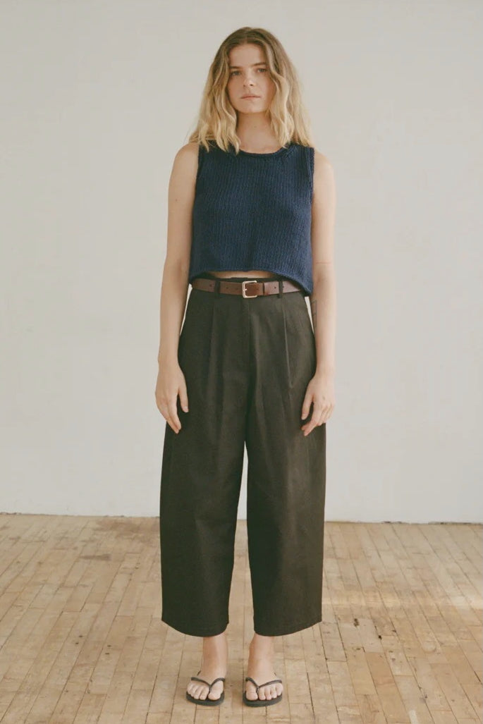 Shaina Mote Boy Trouser Chocolate side view relaxed wide leg cropped pant with denim jacket