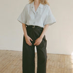 Shaina Mote Boy Trouser Onyx full look wide leg cropped black trousers styled with shirt