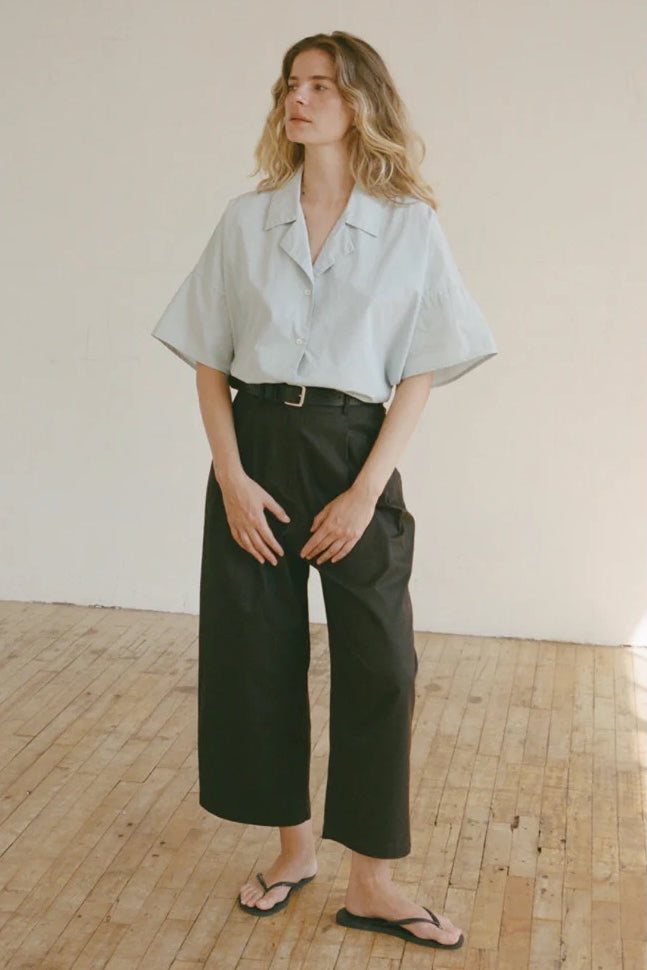 Shaina Mote Boy Trouser Onyx full look wide leg cropped black trousers styled with shirt