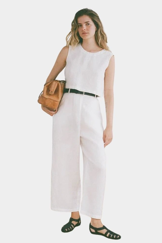 Shaina Mote Cielo linen top in natural styled with matching linen trousers and leather bag