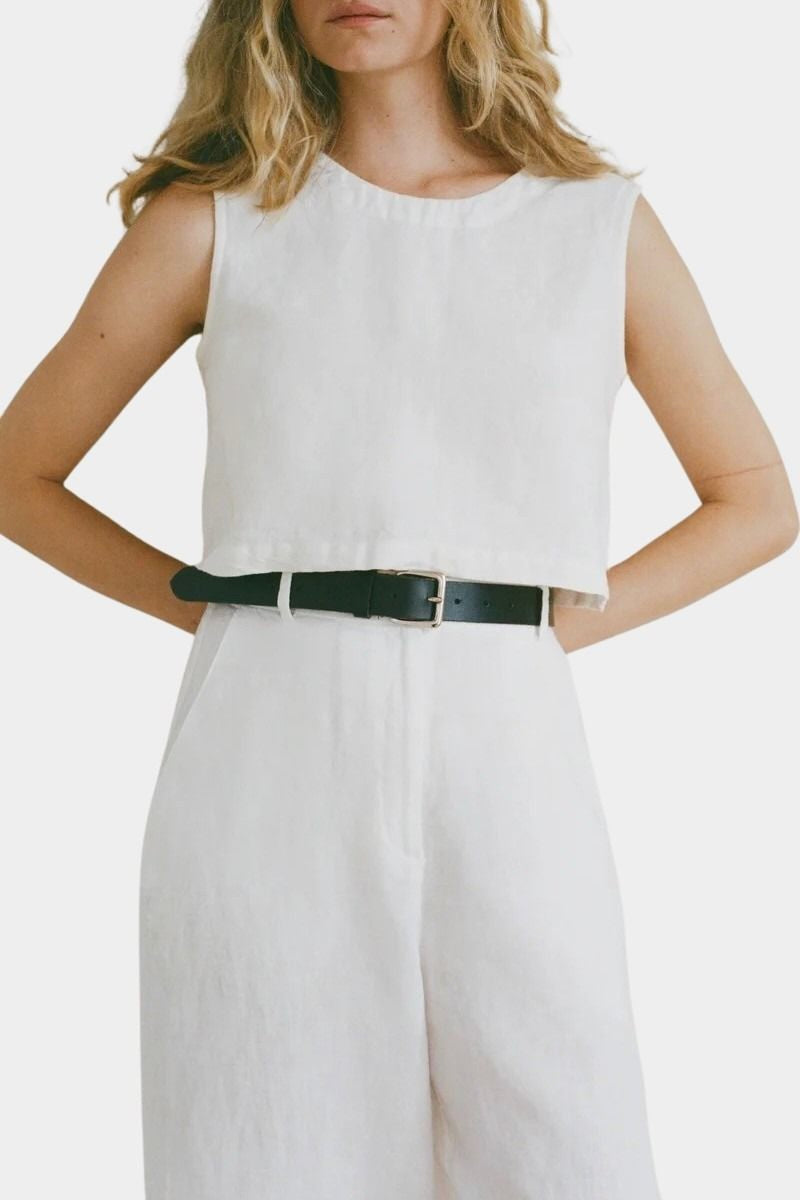 Shaina Mote Cielo linen top in natural close-up showing sleeveless cut and clean neckline detail