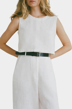 Shaina Mote Cielo linen top in natural close-up showing sleeveless cut and clean neckline detail
