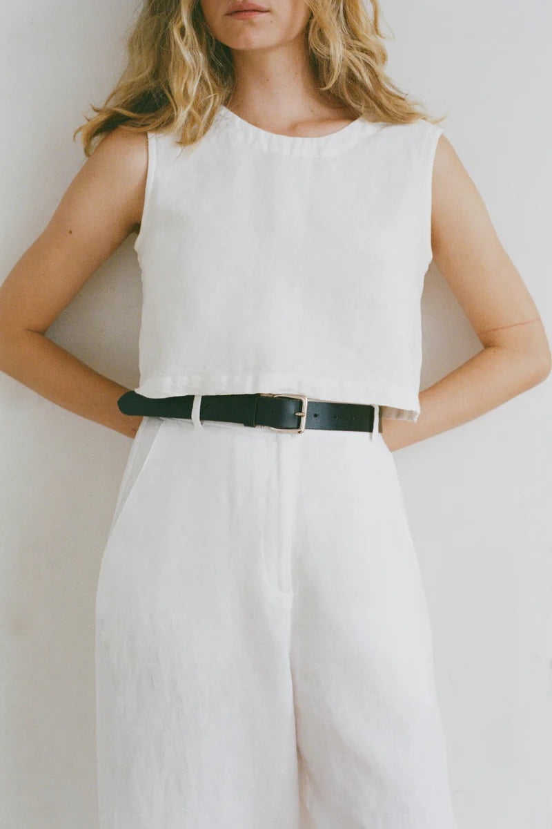 Shaina Mote Cielo linen top in natural close-up showing sleeveless cut and clean neckline detail