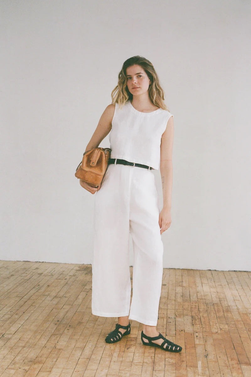 Shaina Mote Cielo linen top in natural styled with matching linen trousers and leather bag