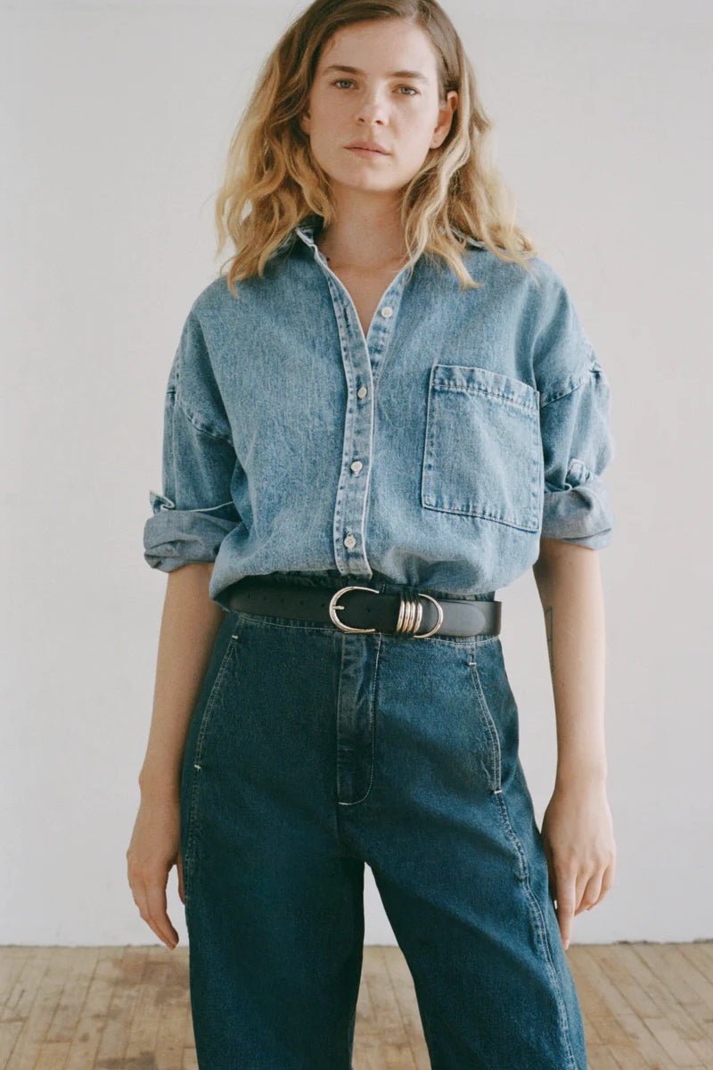 Shaina Mote Loops Belt Onyx styled with denim and trousers black leather belt silver loop hardware