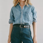 Shaina Mote Loops Belt Onyx styled with denim and trousers black leather belt silver loop hardware
