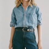 Shaina Mote Loops Belt Onyx styled with denim and trousers black leather belt silver loop hardware
