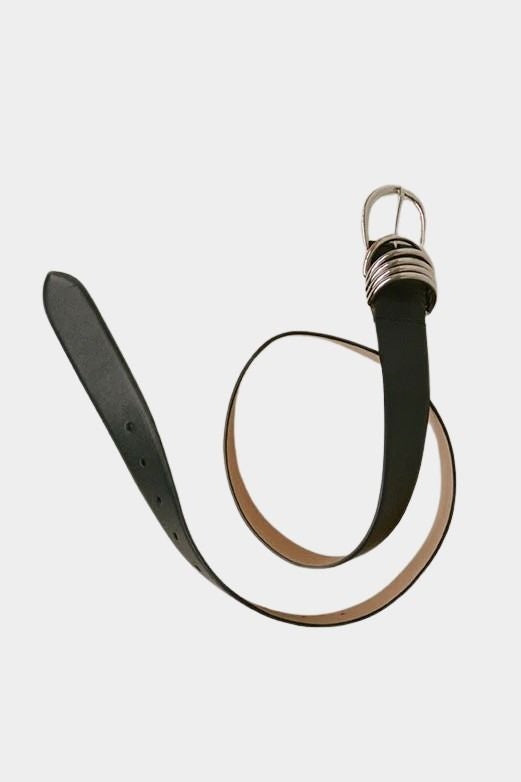 Shaina Mote Loops Belt Onyx full view black leather belt with silver hardware laid flat