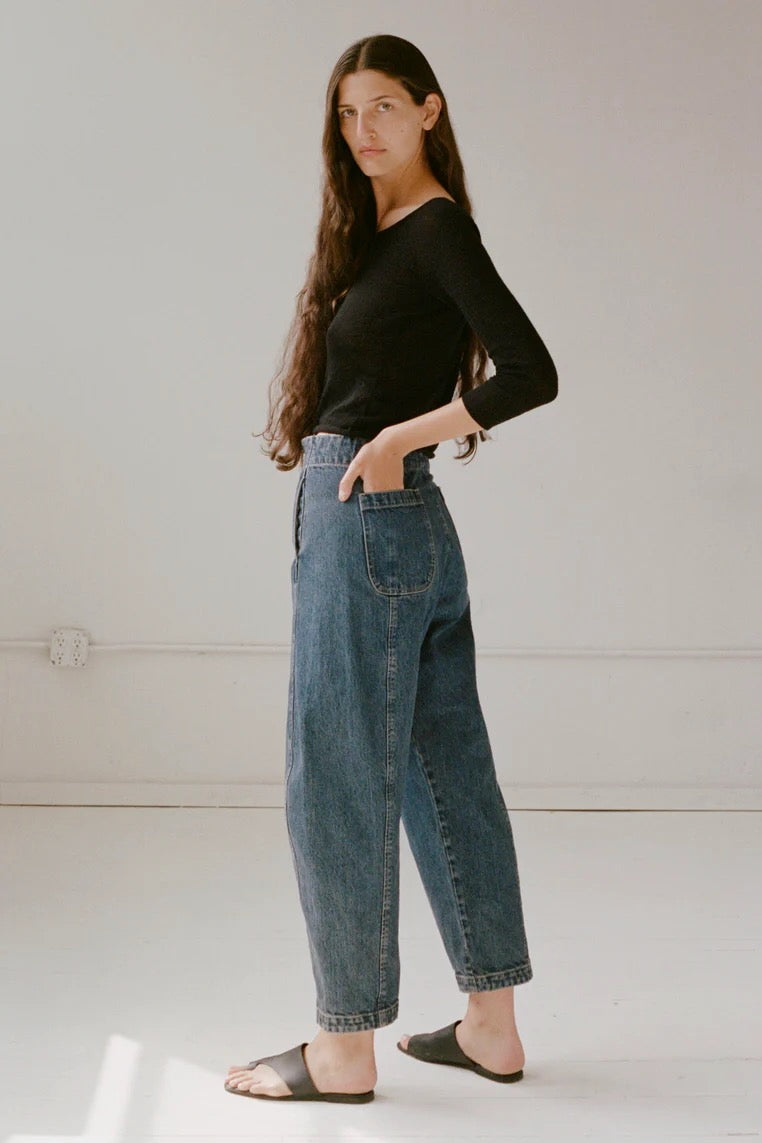 Shaina Mote Lune Pant East side view elastic waistband workwear inspired denim trousers