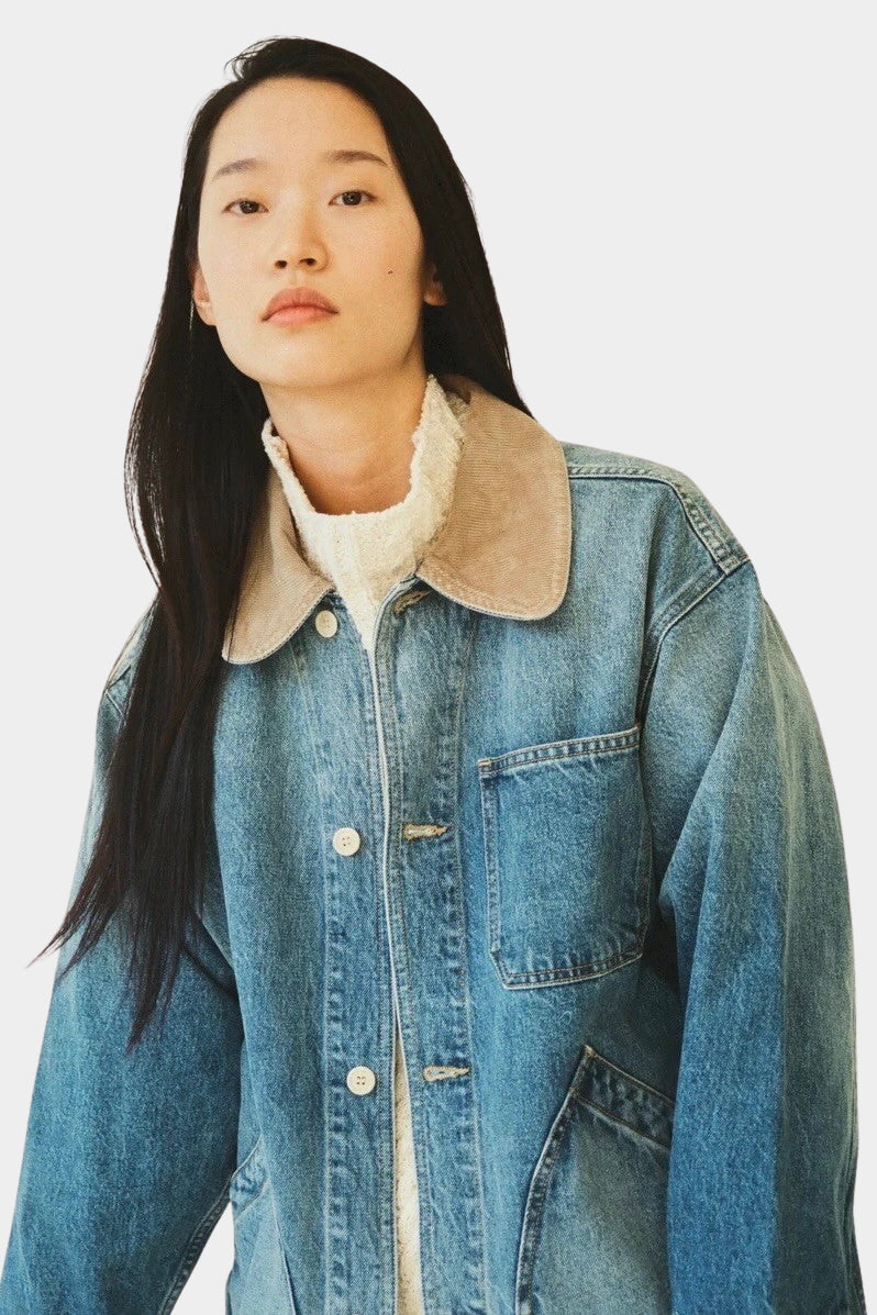 Shaina Mote Painter Coat Denim in Vintage Wash, close-up showing the corduroy collar, buttons and chest pocket